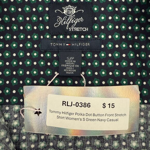 Tommy Hilfiger Polka Dot Button Front Stretch Shirt Women's S Green Navy Casual - Picture 3 of 7